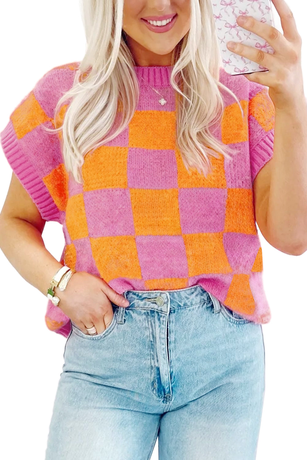 Strawberry pink colorblock plaid pattern ribbed trim sweater tank top
