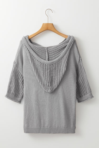 Hellgraues durchbrochenes kapuzenpullover-top mit kurzen ärmeln und kordelzug