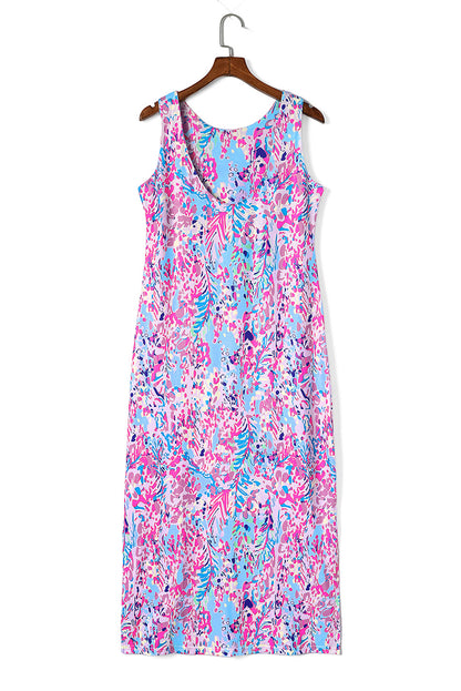 Lila abstrakter Blumendruck ärmelloses Maxikleid