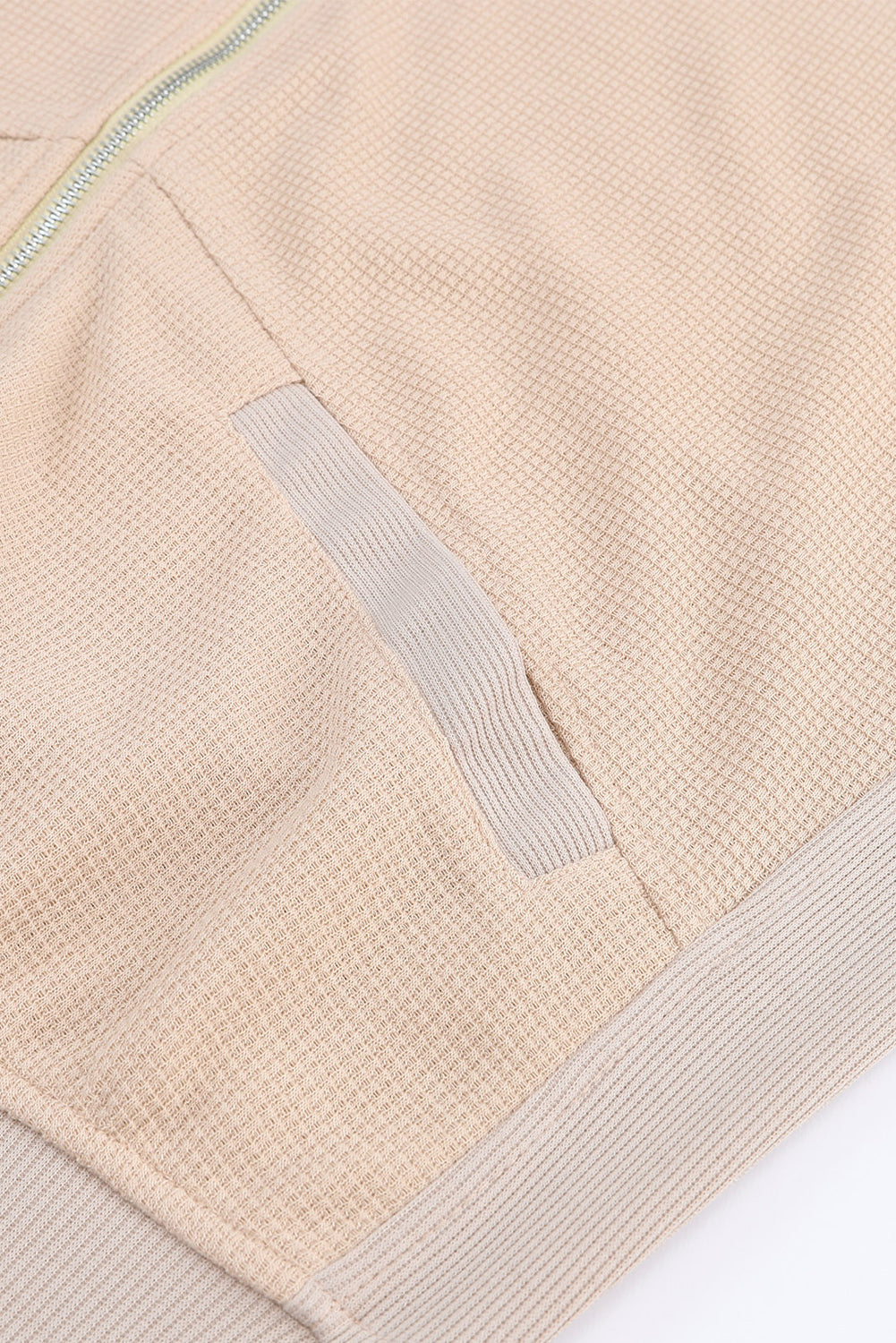 Khaki thermal waffle knit full zipper hooded jacket