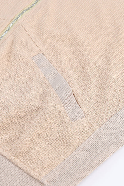 Khaki thermal waffle knit full zipper hooded jacket