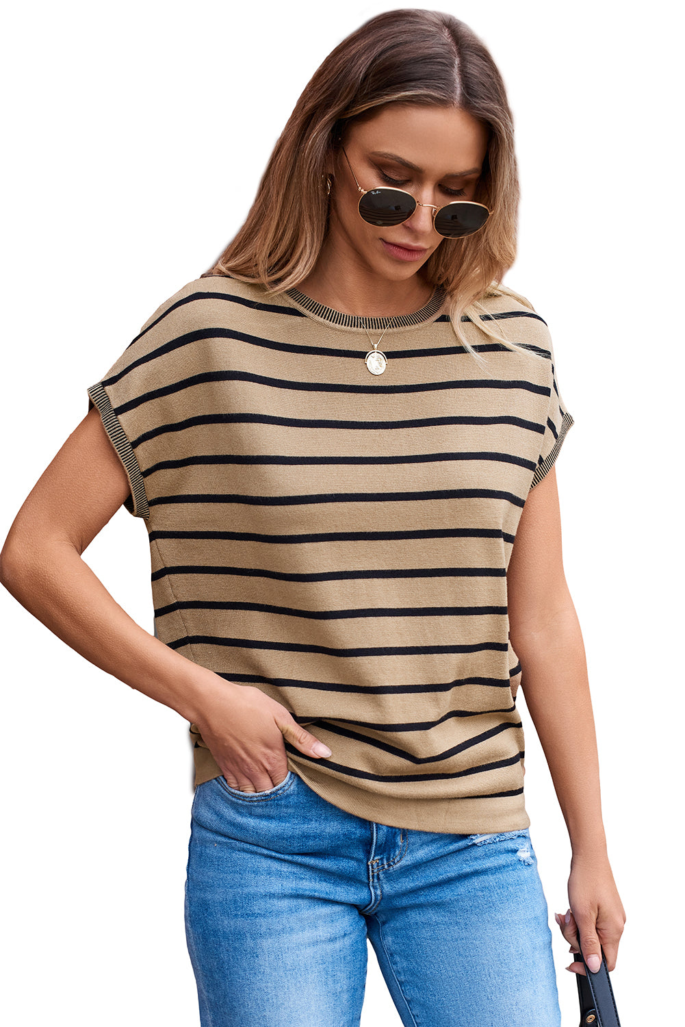 Khaki streifen gestrickt fledermaus ärmel t shirt