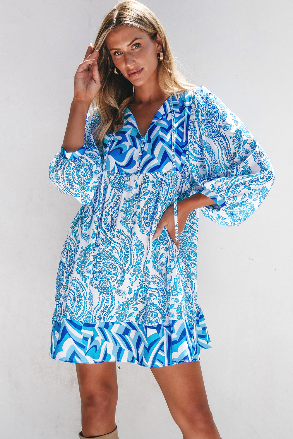 Himmelblau bohemian print puff sleeve tied v neck flared mini dress