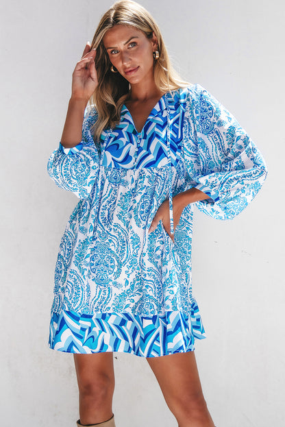 Himmelblau bohemian print puff sleeve tied v neck flared mini dress