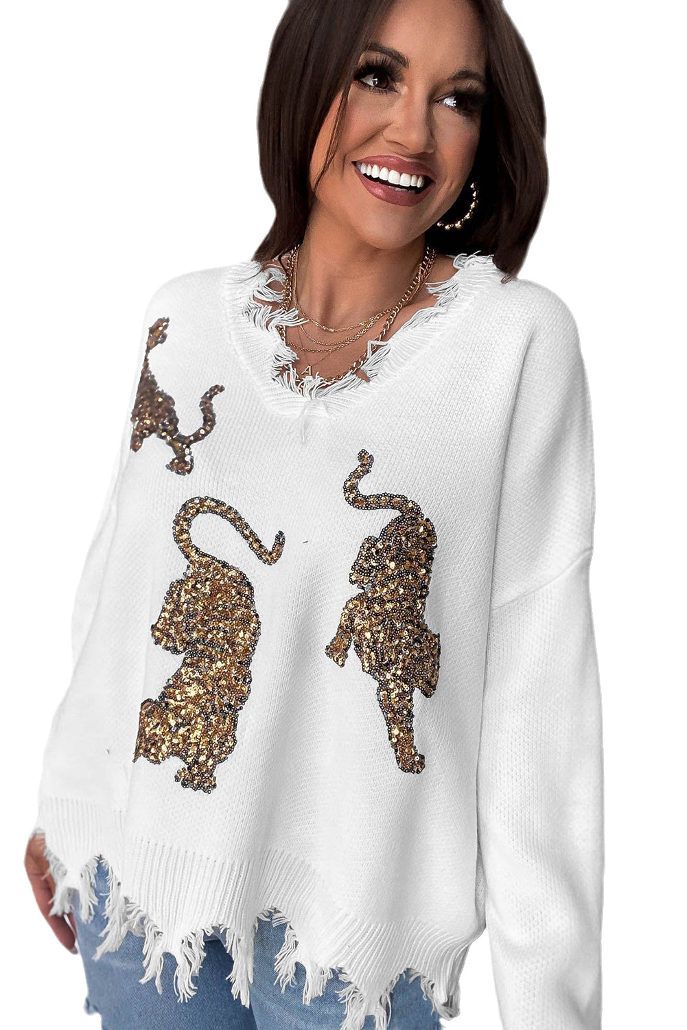 Weißer ausgefranster pailletten-tiger-pullover