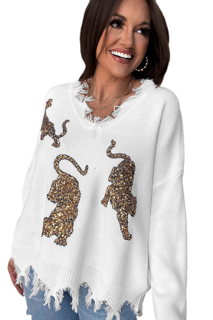 Weißer ausgefranster pailletten-tiger-pullover