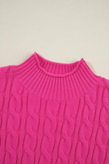 Rose red solid kabel stricken hohen hals drop shoulder pullover