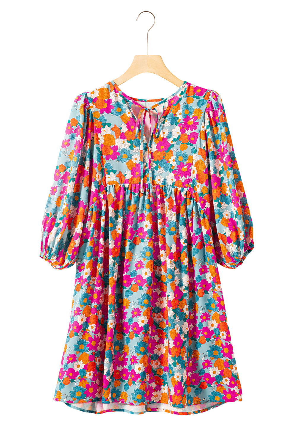 Himmelblau floral print krawatte split neck bubble sleeve babydoll kleid