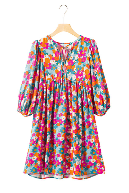 Himmelblau floral print krawatte split neck bubble sleeve babydoll kleid