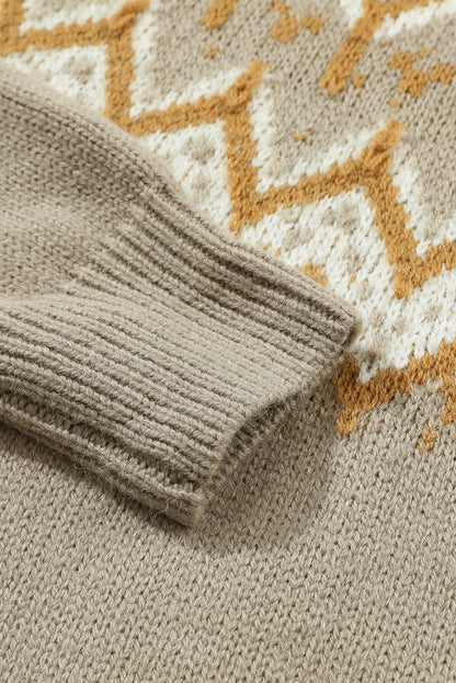 Grauer pullover mit geometrischem muster und geripptem rundhalsausschnitt