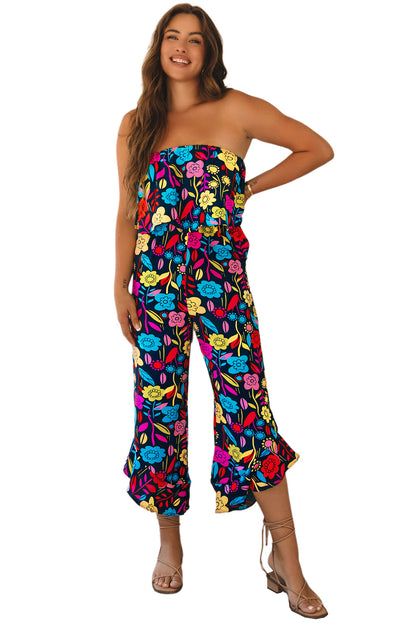 Rot mix tropical print trägerloser geraffter jumpsuit