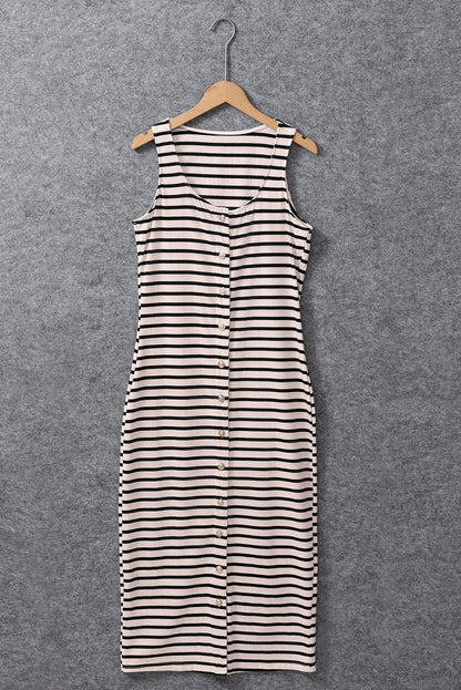 Weißes gestreiftes, ärmelloses maxikleid mit knöpfen