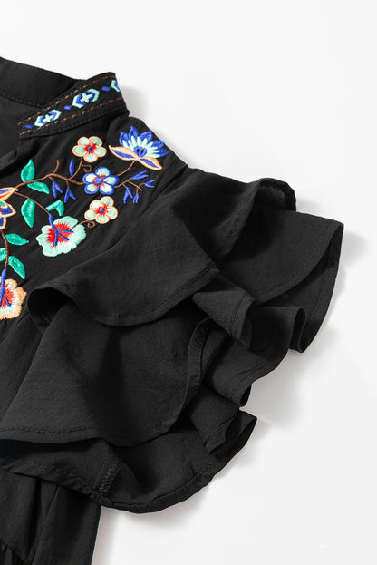 Schwarzes, mit blumen besticktes, gerafftes minikleid
