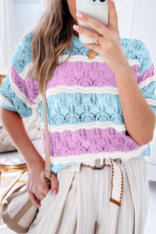 Lila streifen farbe block hollow out crochet halbe ärmel pullover