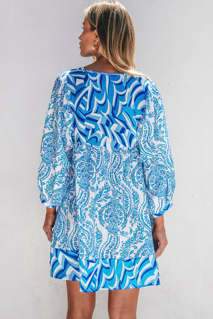 Himmelblau bohemian print puff sleeve tied v neck flared mini dress