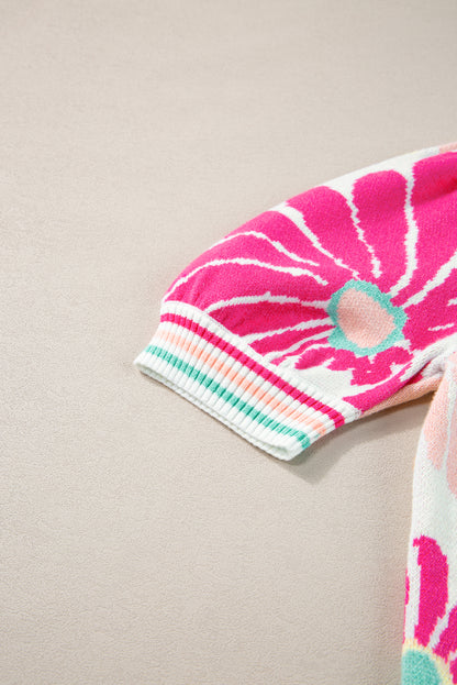 Mehrfarbig floral print v-ausschnitt kurzarm pullover
