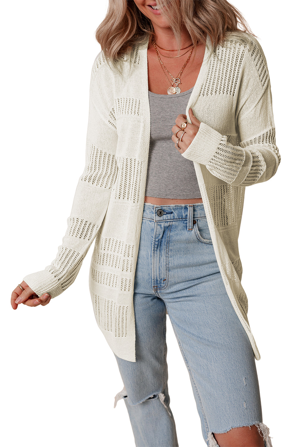 Weiße, einfarbige, leichte, offen gestrickte tunika-strickjacke