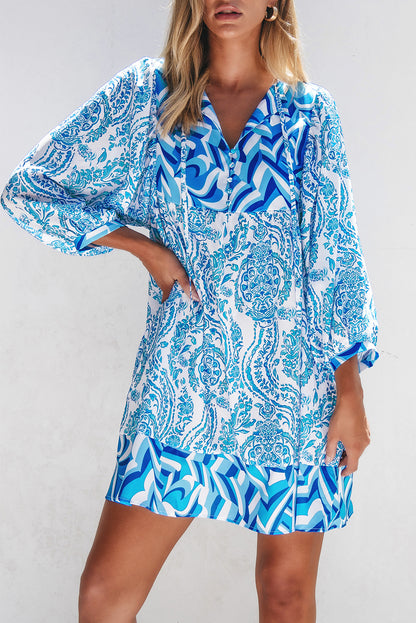 Himmelblau bohemian print puff sleeve tied v neck flared mini dress