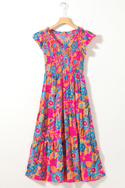Rosenrot boho floral v-ausschnitt rüschen gestreift langes kleid