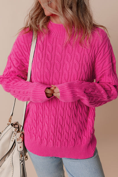 Rose red solid kabel stricken hohen hals drop shoulder pullover