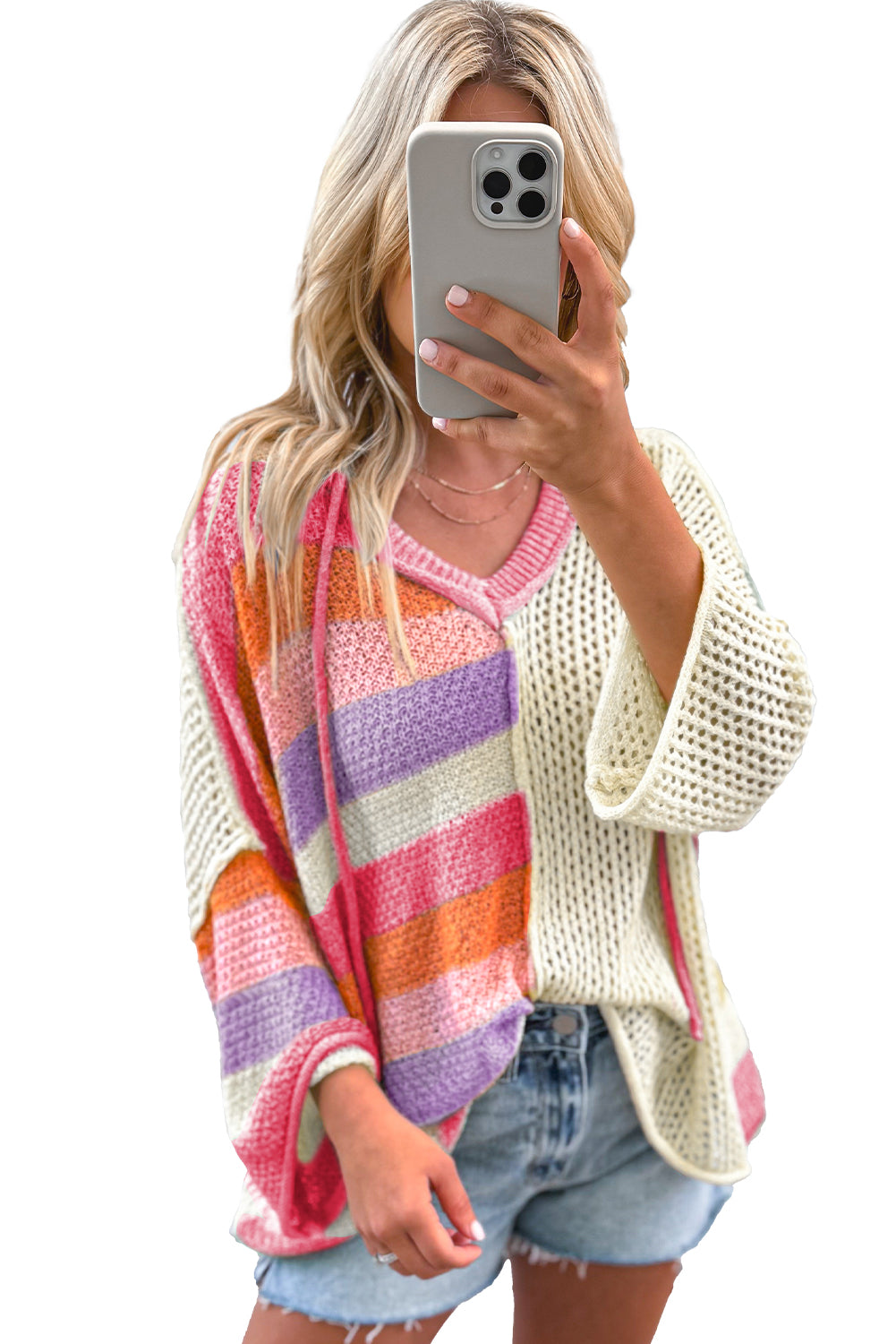 Rosa übergroßer colorblock-pullover mit v-ausschnitt und kapuze