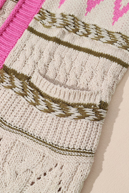 Grauer geometrischer zopfstrick cardigan mit offenen taschen
