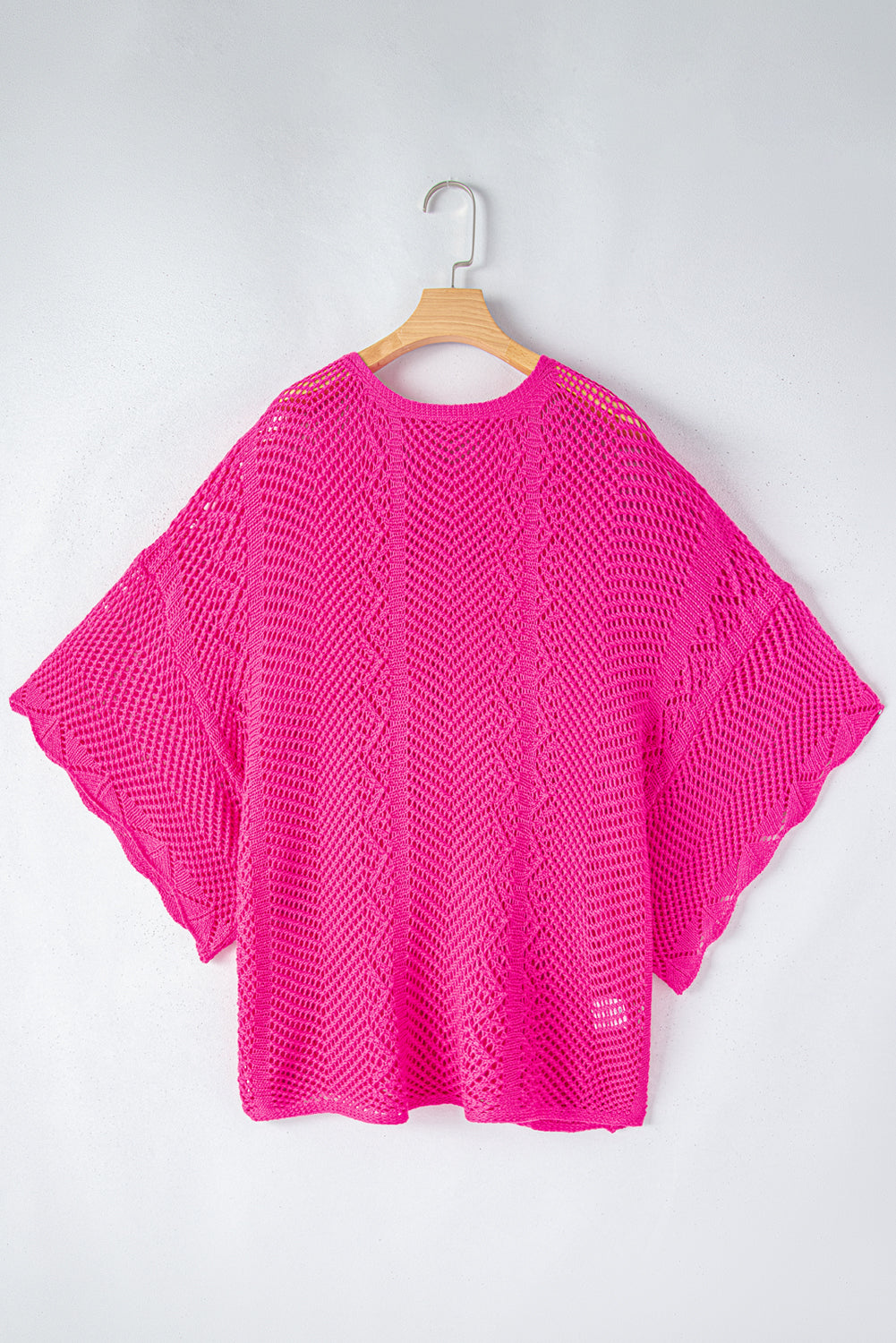 Rose red pointelle knit jakobsmuschel rand kurzarm top