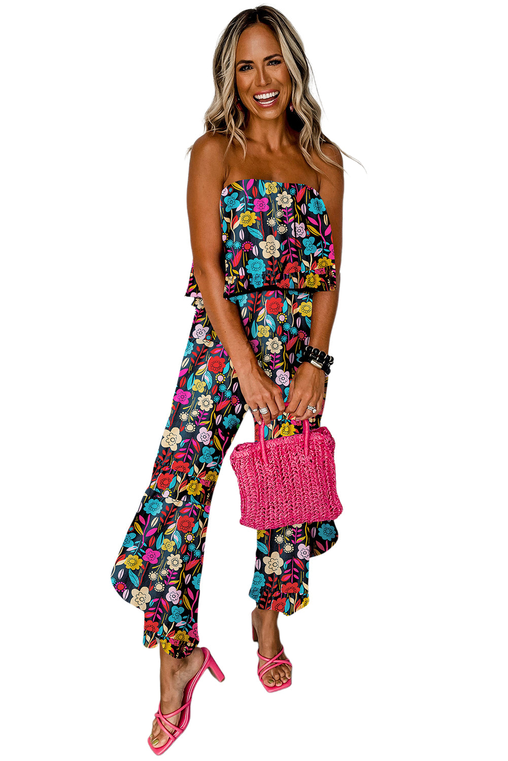 Rot mix tropical print trägerloser geraffter jumpsuit