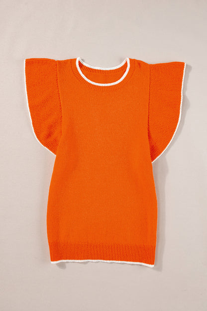 Russet orange kontrast trim rüschen ärmel gestrickt top