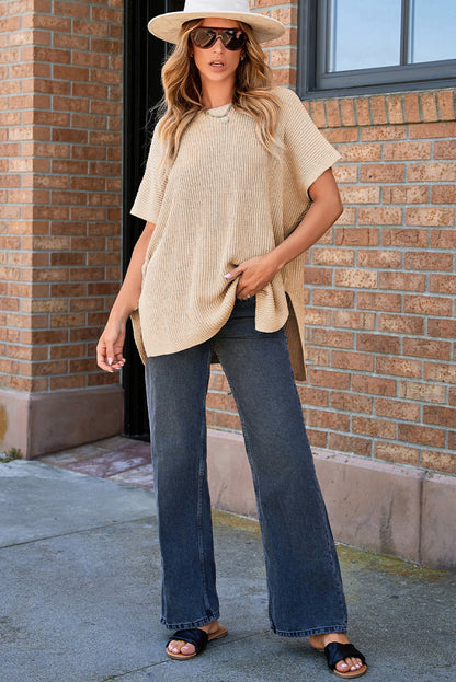 Apricot kurzarm pullover mit seitenschlitz in übergröße