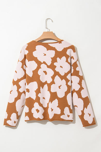 Braunes blumenmuster rundhalsausschnitt langarm pullover