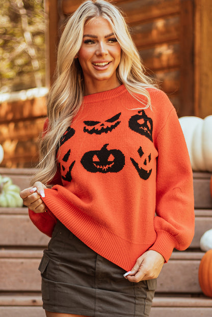 Orange halloween kürbis gesicht muster drop shoulder pullover