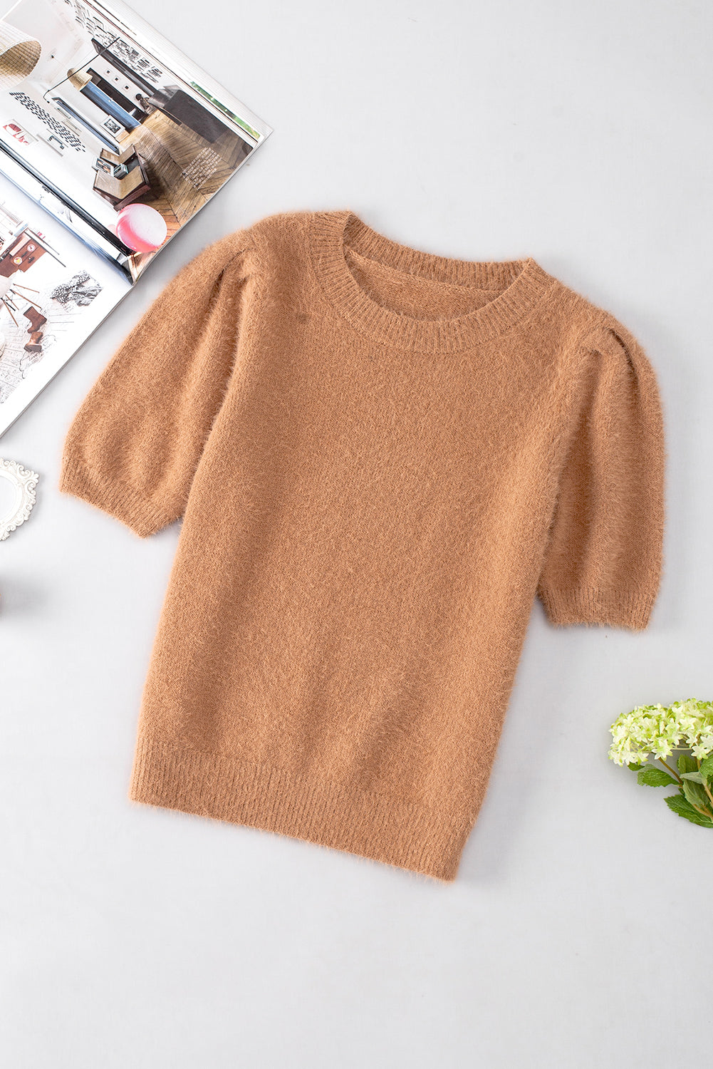 Light french beige fuzzy short sleeve pullover