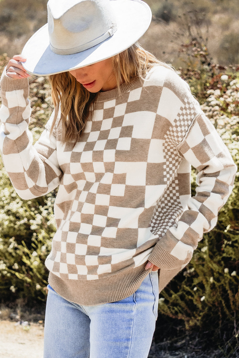 Khaki karo print drop shoulder rundhalsausschnitt pullover