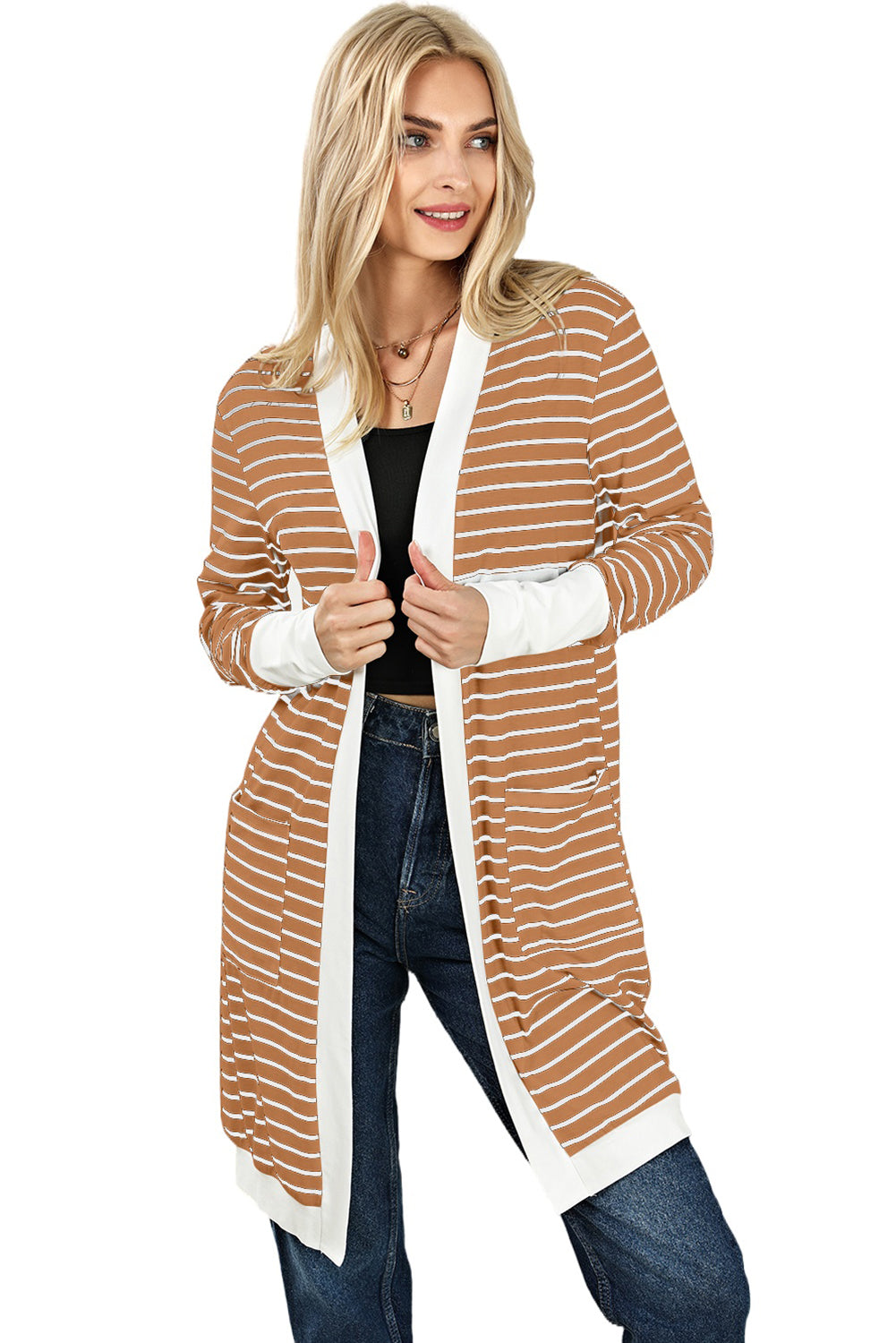 Brauner gestreifter cardigan mit offenen seitentaschen