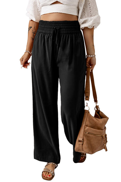 Schwarzer kordelzug elastische taille lässige hose mit weitem bein