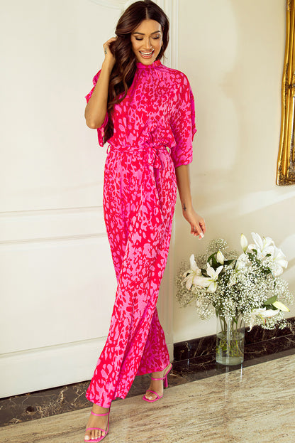 Rose leopard lose ärmel gürtel mit weitem bein jumpsuit