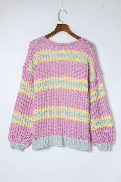 Rosa gestreifte strickjacke mit offener vorderseite und kontraststreifen