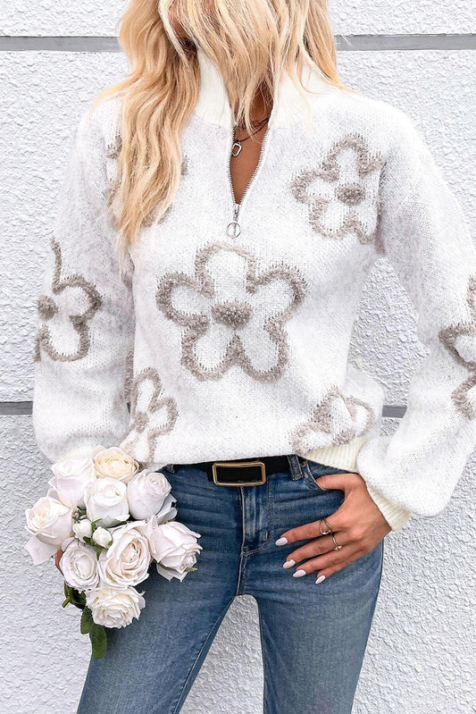 Weißer kontrast-blumen-halb-reißverschluss-pullover mit stehkragen
