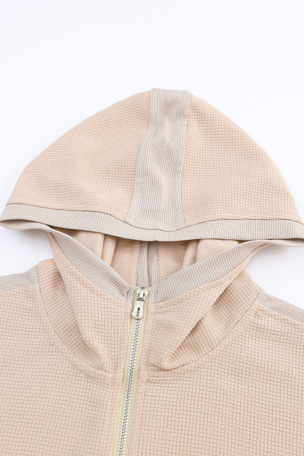 Khaki thermal waffle knit full zipper hooded jacket