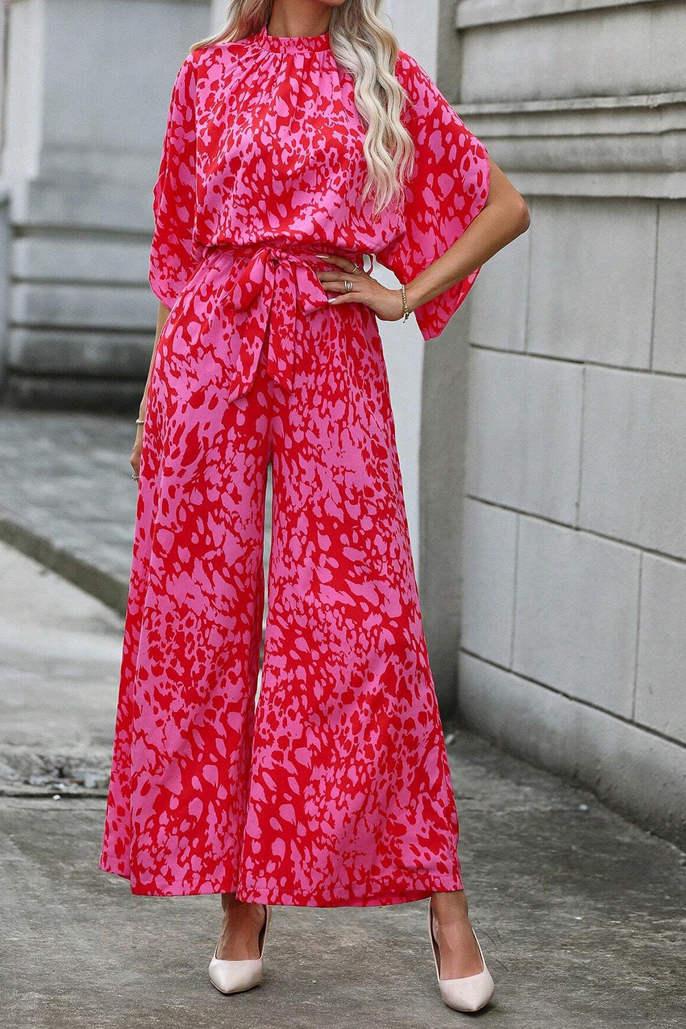 Rose leopard lose ärmel gürtel mit weitem bein jumpsuit