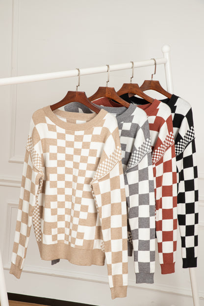 Khaki karo print drop shoulder rundhalsausschnitt pullover