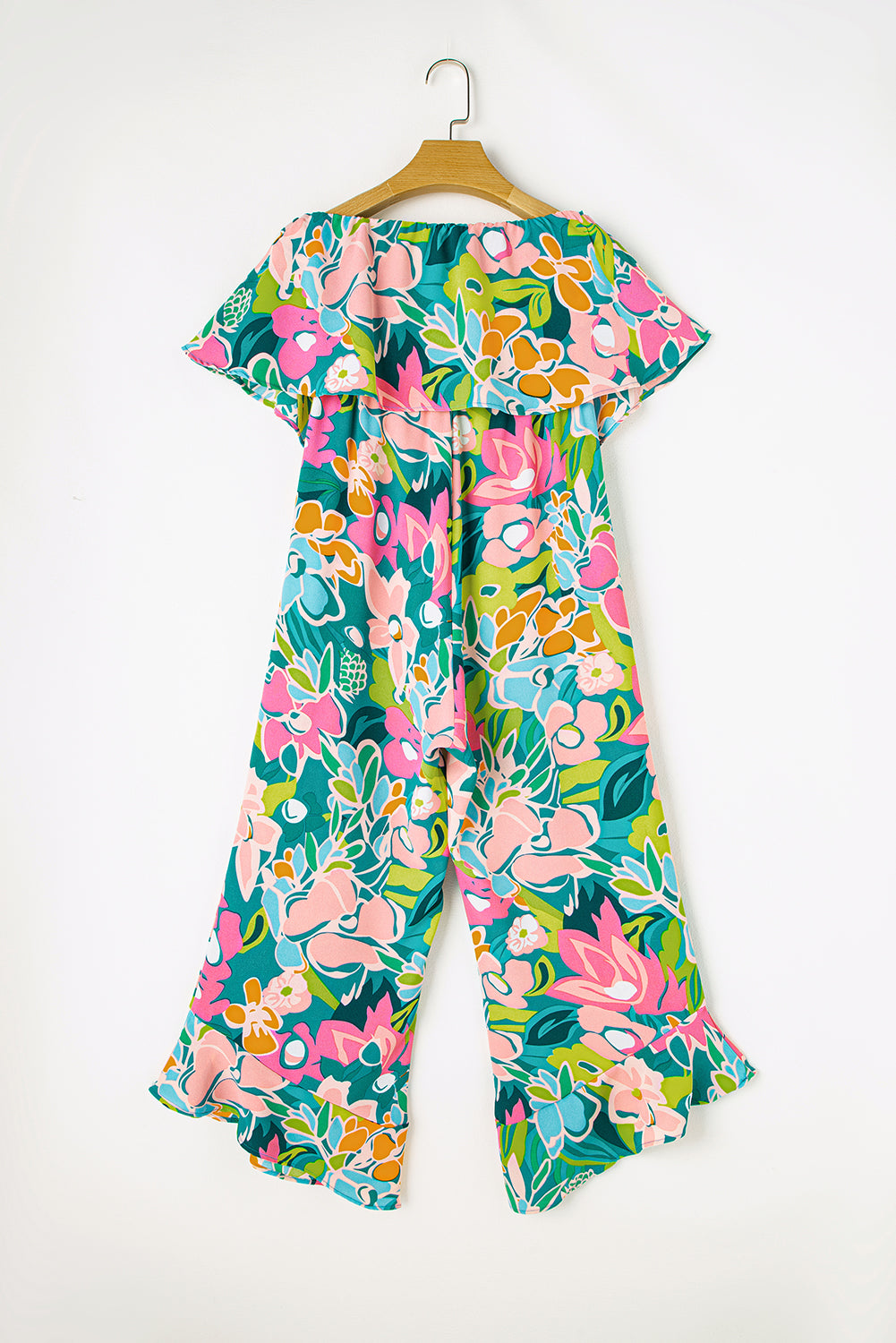 Grüner mix tropical print trägerloser geraffter jumpsuit