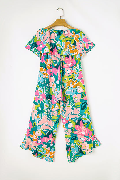 Grüner mix tropical print trägerloser geraffter jumpsuit