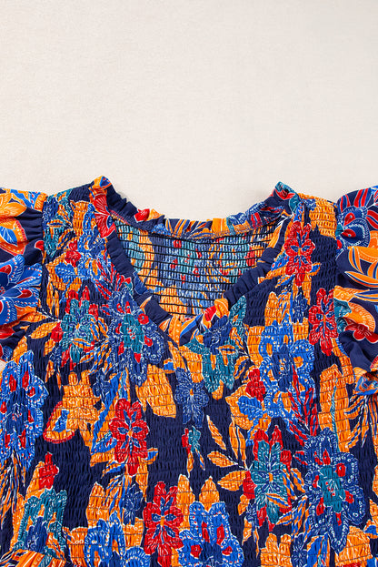 Dunkelblau boho floral v-ausschnitt rüschen gestreiftes langes kleid