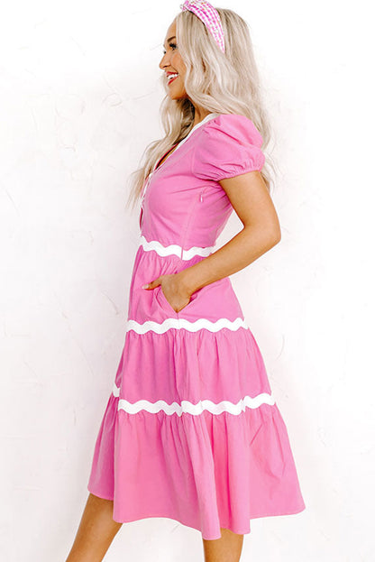 Bonbon-Ric-Rac-Besatz kurzes Midikleid mit fließenden Puffärmeln