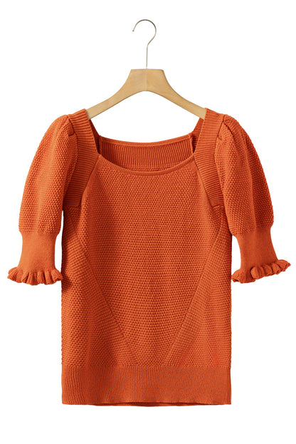 Gold flame textured knit bubble sleeve square neck top
