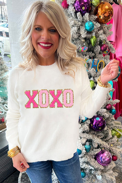 Weißer xoxo glitter print rundhalsausschnitt casual pullover