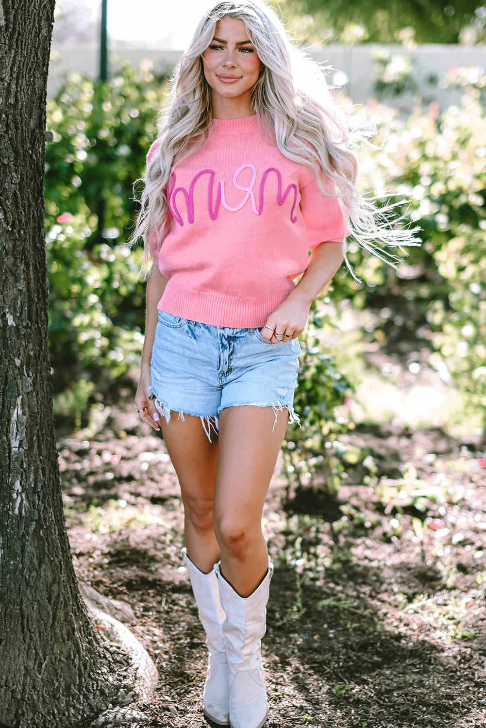 Bonbon mom tinsel front short sleeve pullover