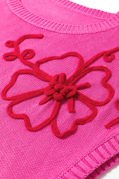 Leuchtend rosa blumenstickerei kurzarm-strickoberteil
